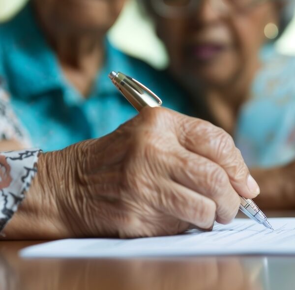 Elderly women engaging in paperwork, one woman signing a document with a pen while another observes, highlighting themes of collaboration and important decisions in later life.